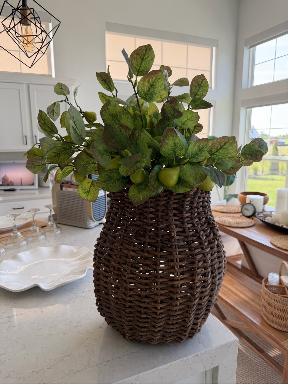 Pottery Barn Dark Brown Woven Basket with Handle Green Pear Foliage